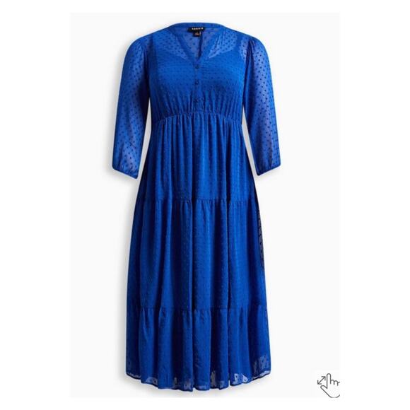 Torrid Blue Clip Dot Tiered Midi Dress Sz.3 - Picture 5 of 16